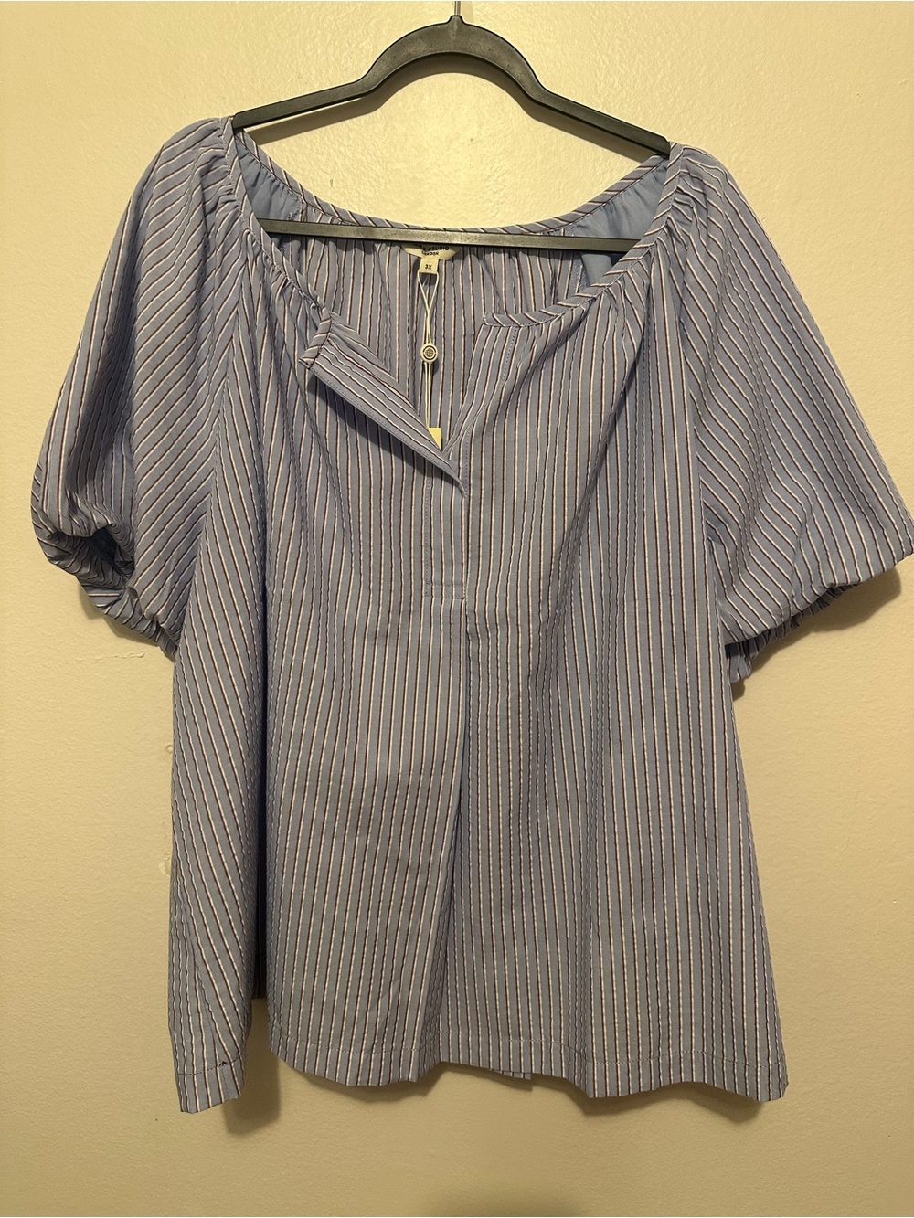 Max Studio London Women's 3X Blue White Striped Puff Sleeve Blouse